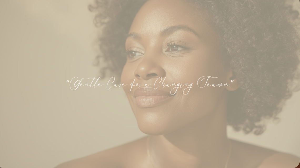 A Black woman with natural makeup and healthy glowing skin, representing mindful skincare and self-care during menopause.