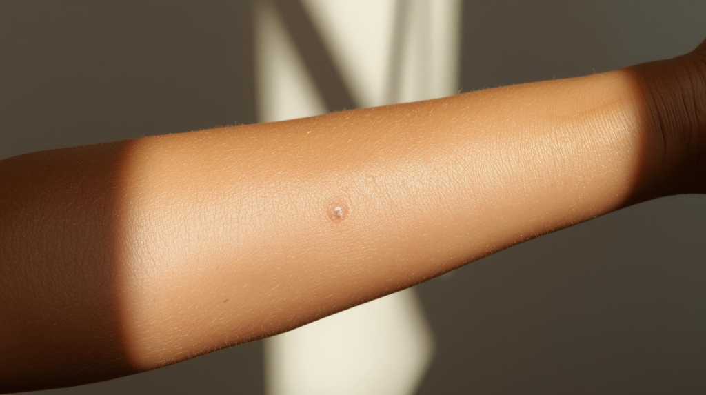 Close-up of an arm with a small natural mole visible on the skin in sunlight