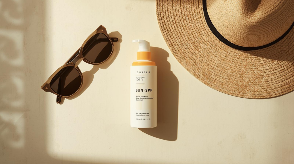Flat lay of sunscreen, sunglasses, and a straw hat arranged on a neutral surface in sunlight