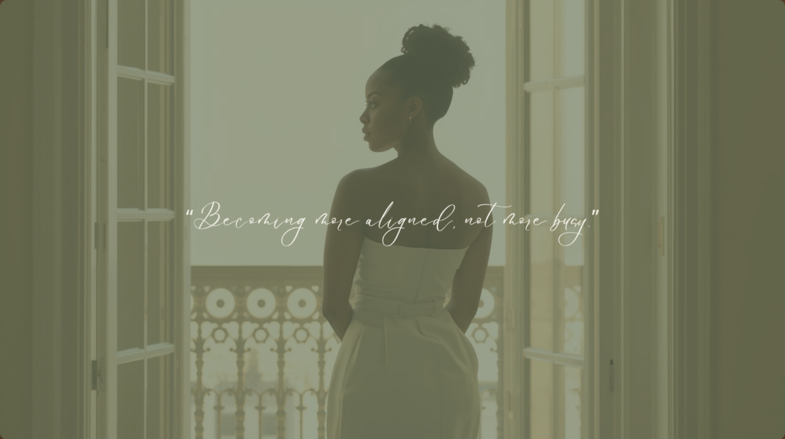 A woman standing in soft natural light, facing an open balcony, symbolizing personal growth, alignment, and intentional living.