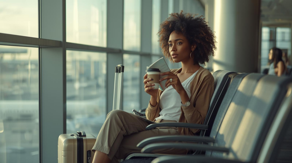 African American woman sitting at an airport terminal reading a book with a carry-on suitcase and coffee while waiting for departure