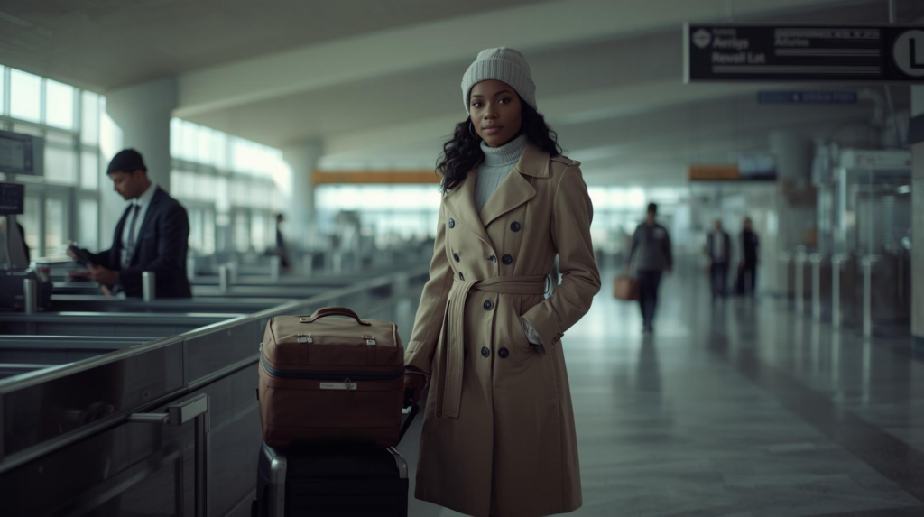 African American woman in a trench coat and beanie standing at an airport check-in counter with luggage.