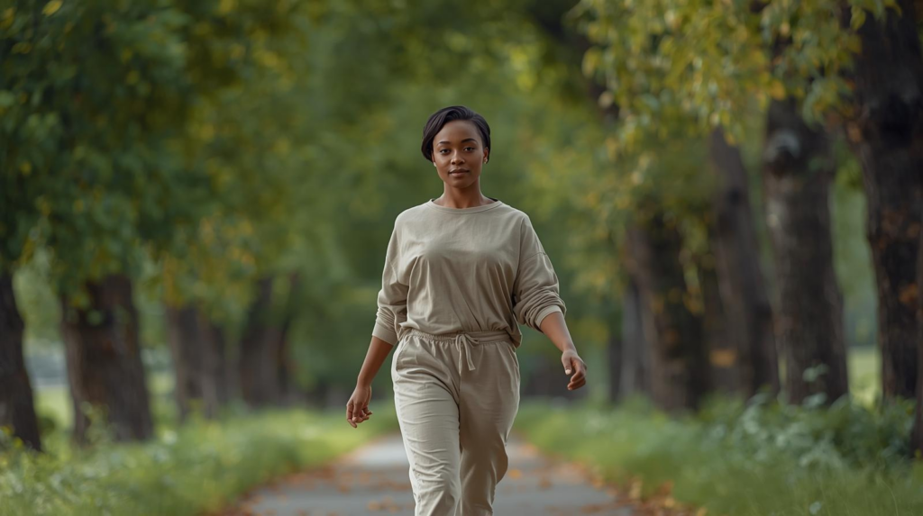 A woman walking calmly along a tree-lined path, representing personal growth, forward movement, and becoming aligned with life’s direction.