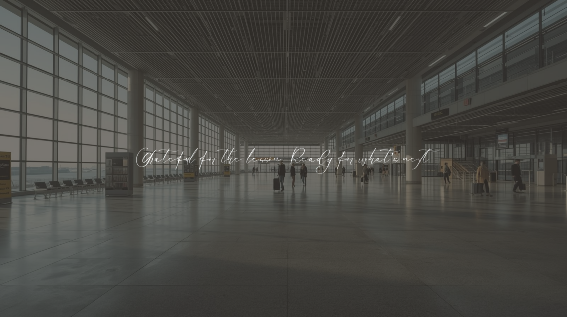 Wide view of a quiet international airport terminal with travelers in the distance.