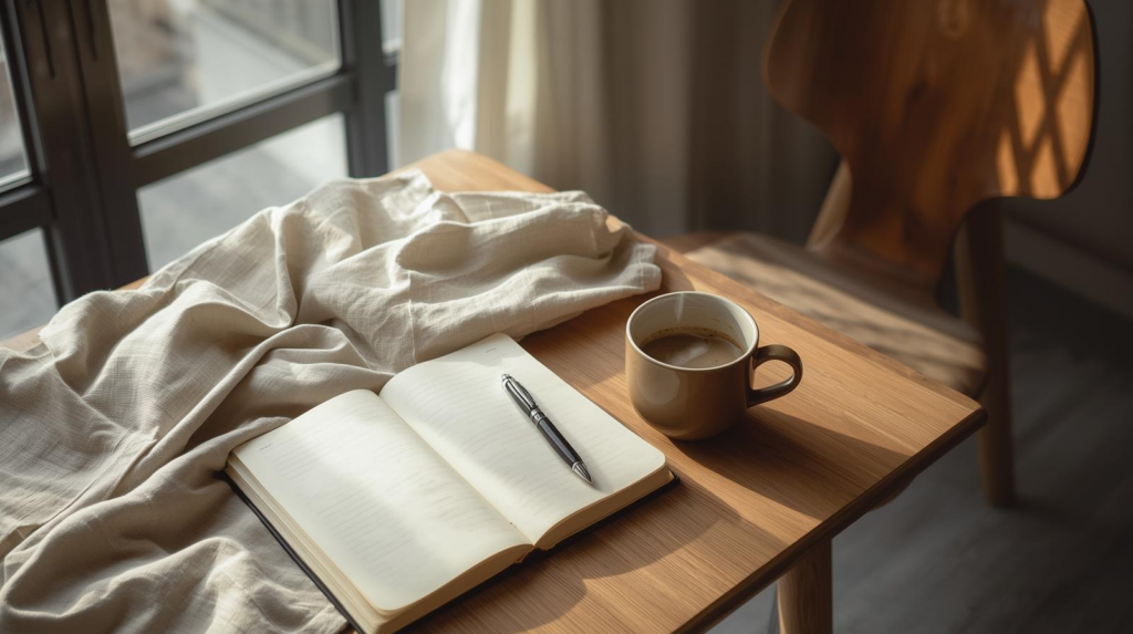 A journal, pen, and coffee resting on a wooden table in soft natural light, symbolizing reflection, simplicity, and personal growth.