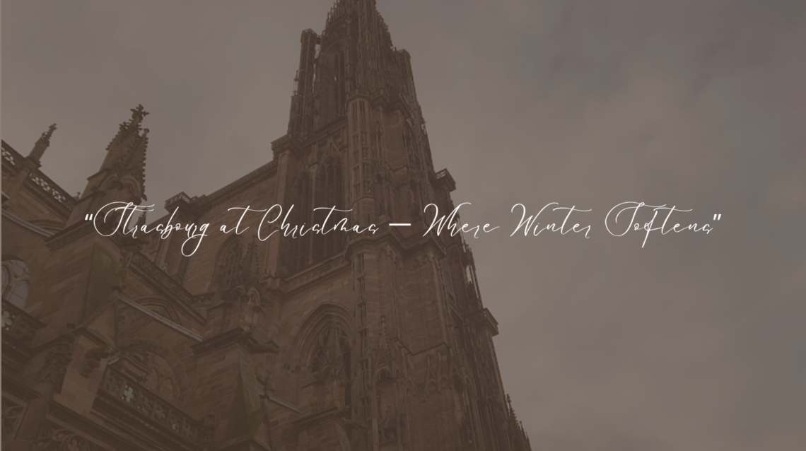 Strasbourg Cathedral in winter under an overcast sky, photographed during the Christmas season with soft, muted tones.