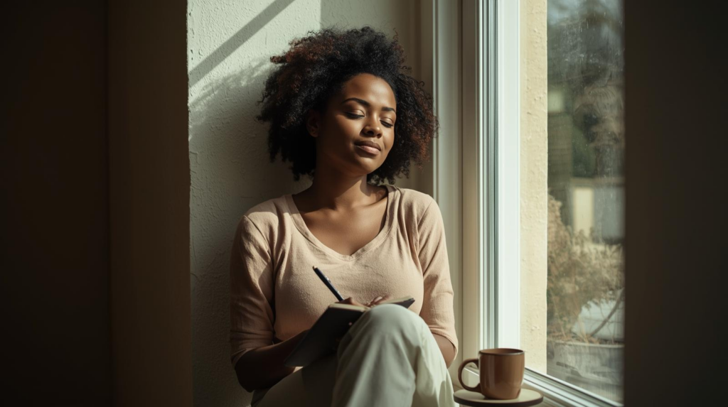 African American woman journaling by a window with a mug, sitting in natural light and reflecting quietly