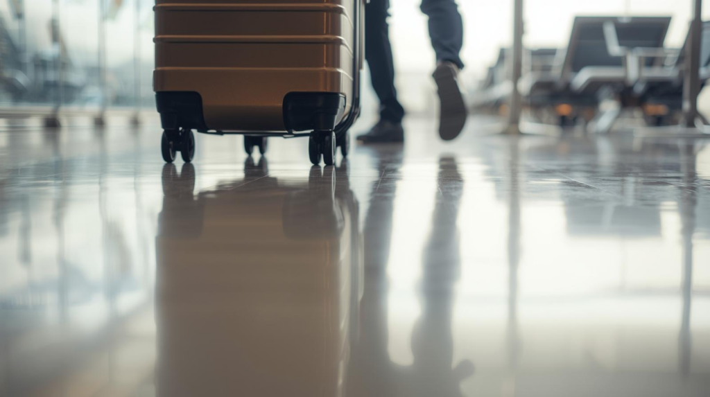 Close-up of rolling suitcase wheels moving across a polished airport floor.